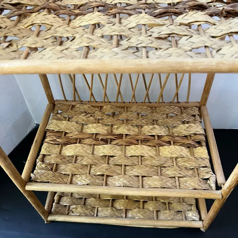 Vintage Wicker Rattan Wall Cabinet Shelf Hanging Bathroom Boho MCM Folding Towel